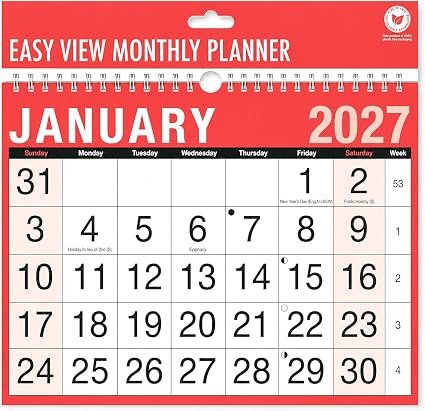 Talon 2027 Calendar Easy Month to View Spiral Bound Wall Planner